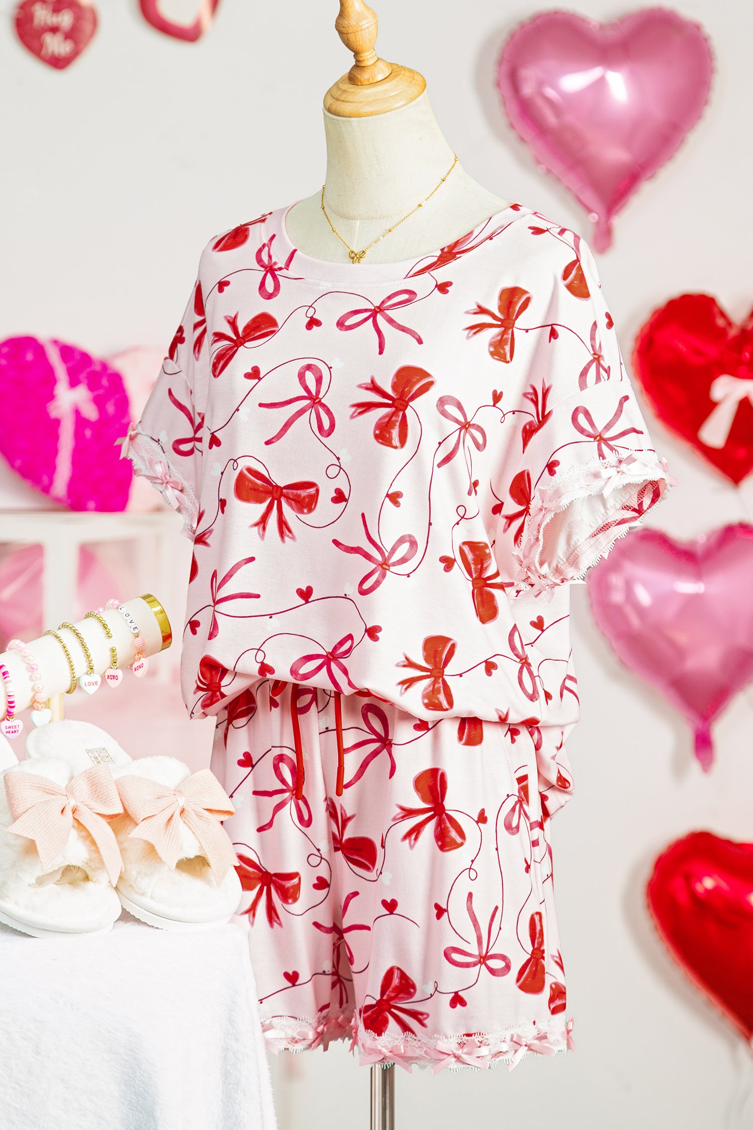 LuckeLadybug LLC Pink Loungewear Set Featuring Bow Print Top and Matching Shorts