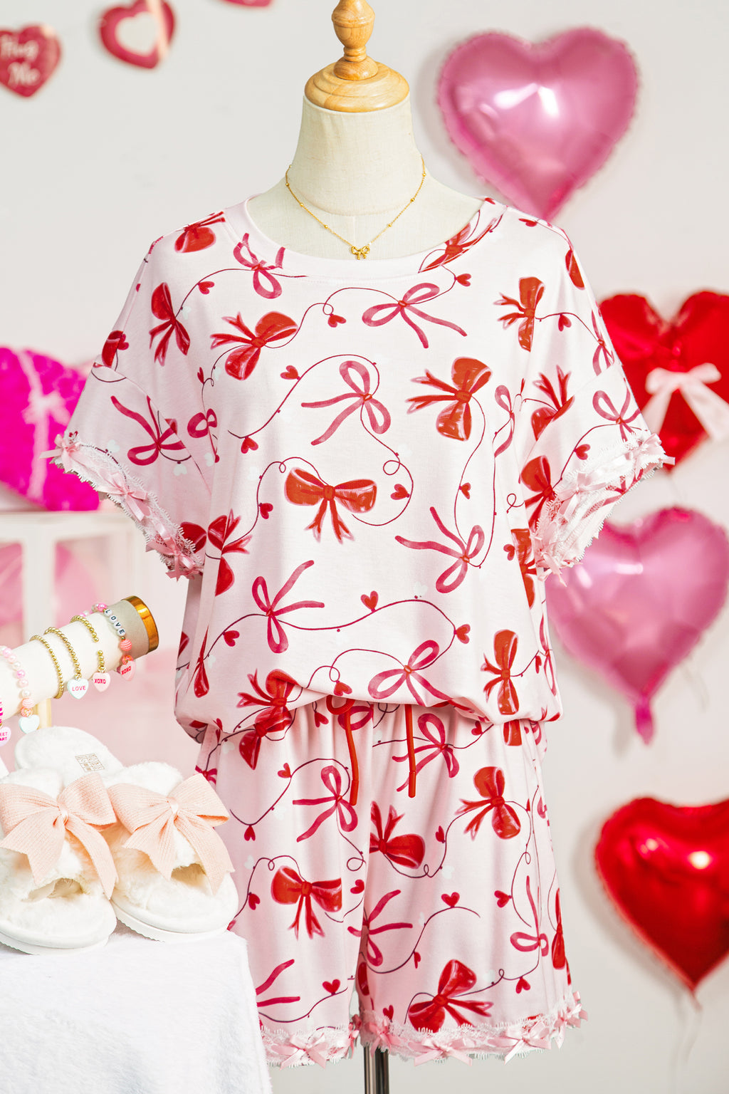 LuckeLadybug LLC Pink Loungewear Set with Red Bow Print for Comfortable Relaxation