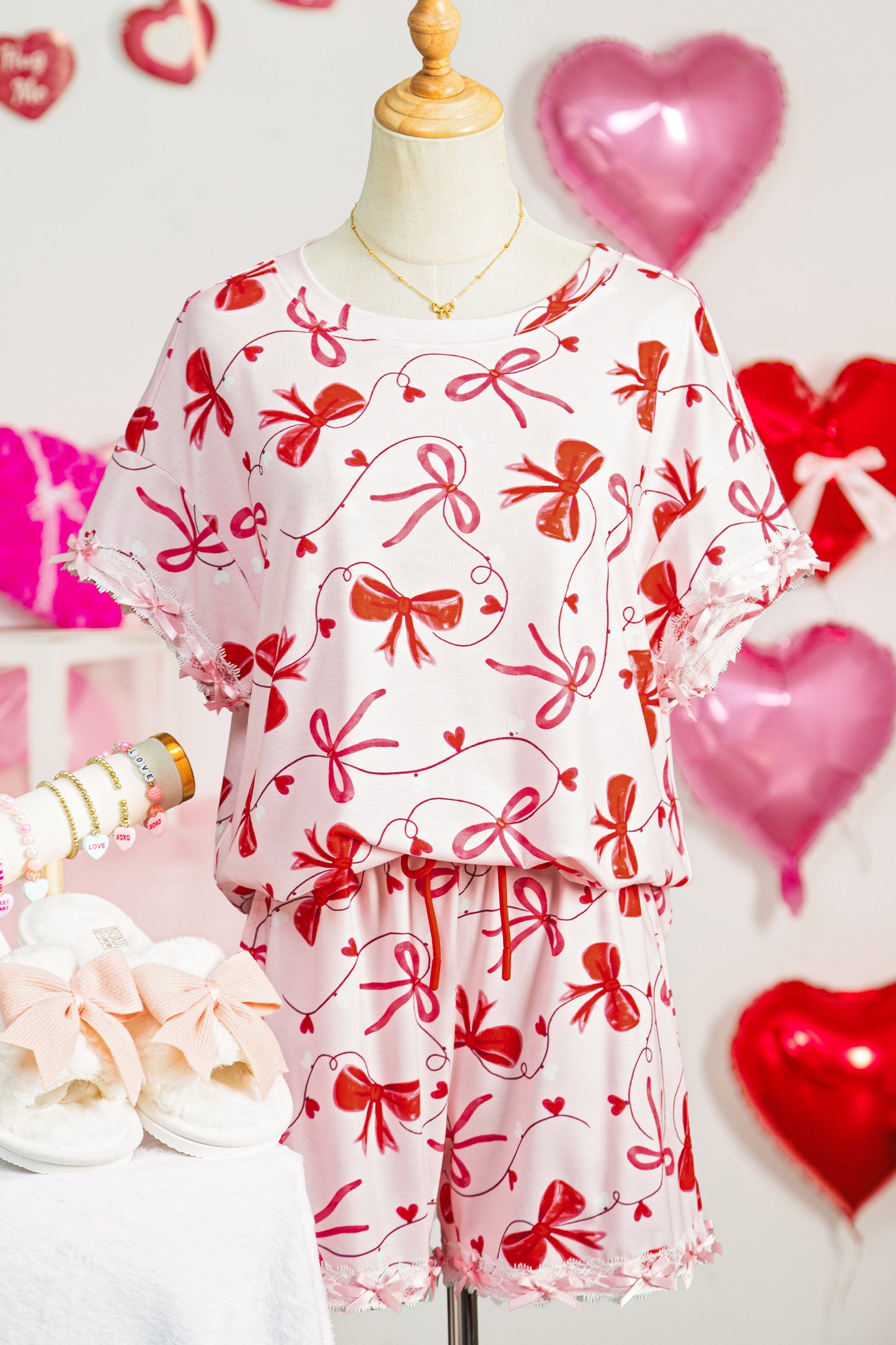 LuckeLadybug LLC Pink Loungewear Set with Red Bow Print for Comfortable Relaxation