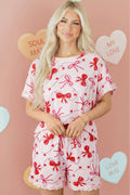 LuckeLadybug LLC Pink Loungewear Set with Bow Design and Frilly Edges for Relaxation