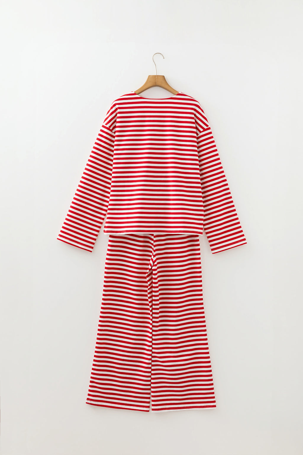 LuckeLadybug LLC Red and White Striped Loungewear Set with Long Sleeve Top and Wide Leg Pants