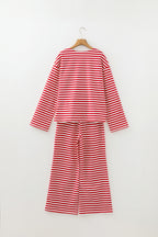 LuckeLadybug LLC Red and White Striped Loungewear Set with Long Sleeve Top and Wide Leg Pants