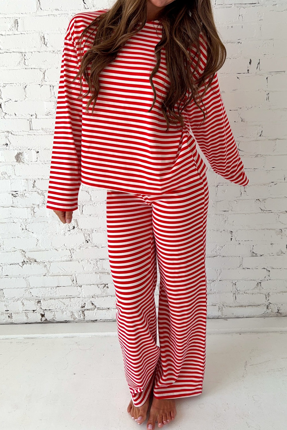 Red and white striped loungewear set from LuckeLadybug LLC, featuring a relaxed fit top and pants