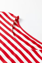 Red and white striped neckline of a loungewear set by LuckeLadybug LLC