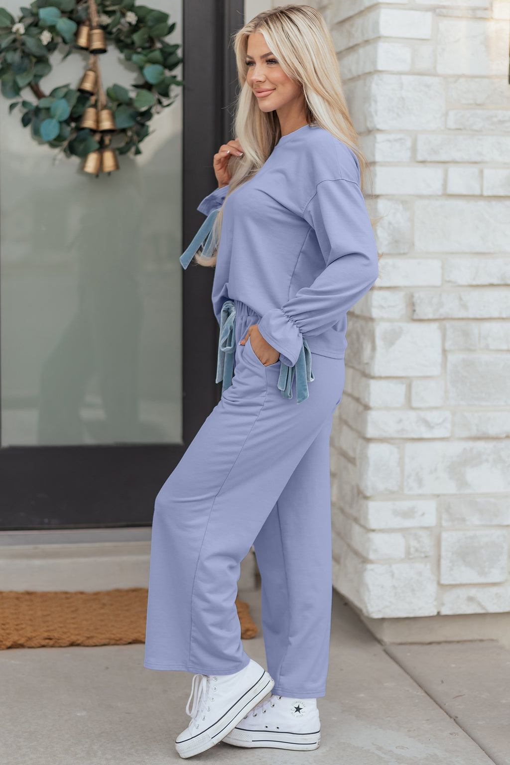LuckeLadybug LLC Loungewear set in light blue with stylish sleeves and wide-leg pants