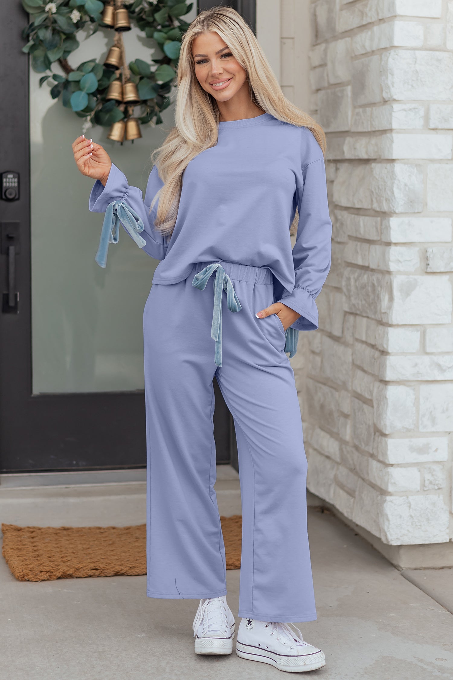 Comfortable LuckeLadybug loungewear set in light blue with stylish sleeves and relaxed fit pants