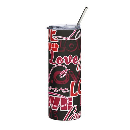 LuckeLadybug stainless steel love design tumbler with black red white lettering and metal straw