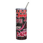 Stainless steel tumbler with metal straw featuring vibrant red and black love design tumbler pattern