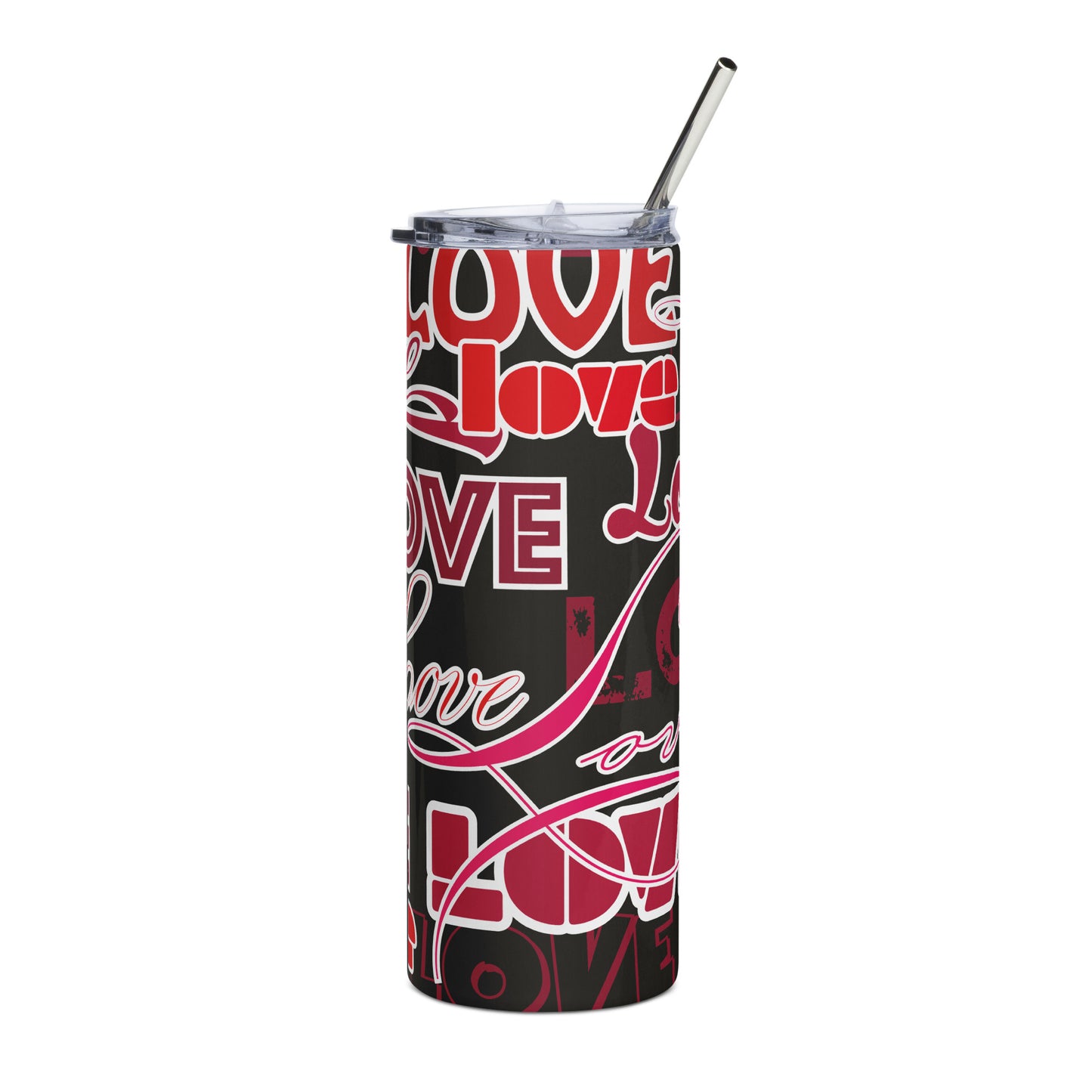 Stainless steel tumbler with metal straw featuring vibrant red and black love design tumbler pattern