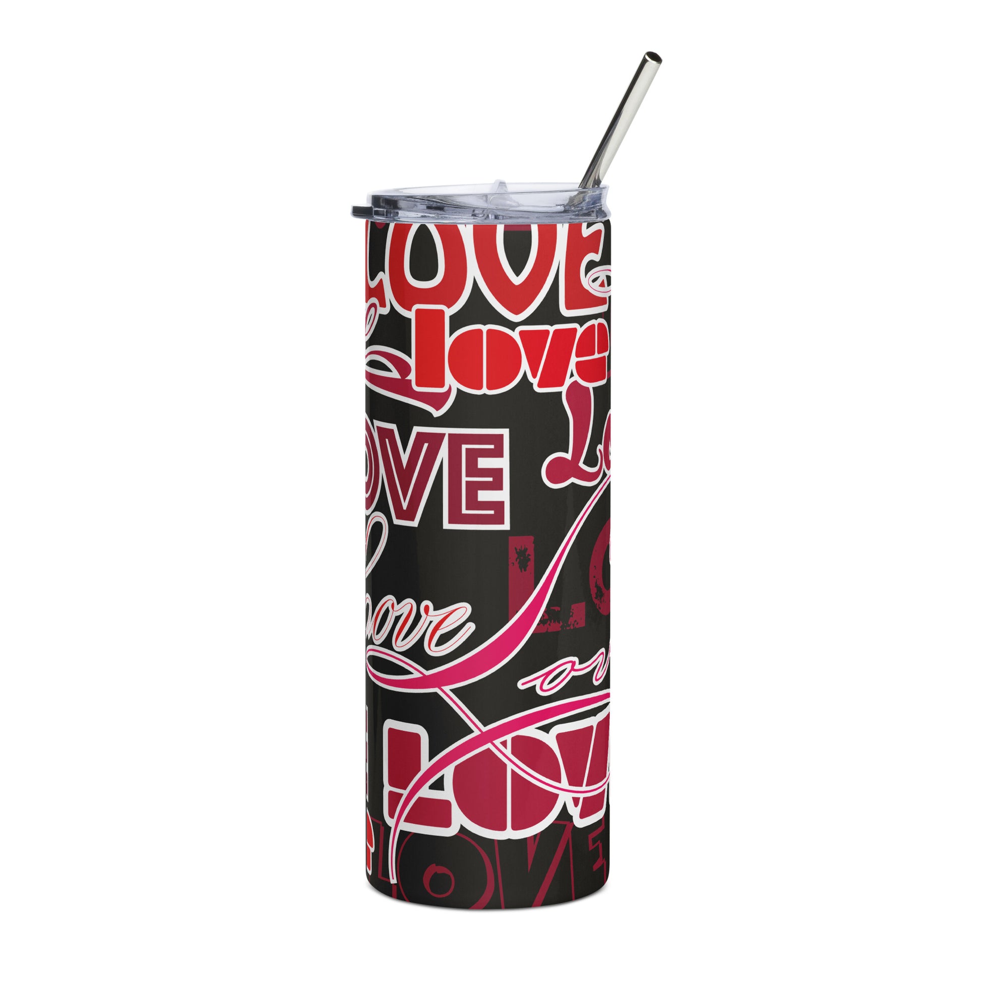 Stainless steel tumbler with metal straw featuring vibrant red and black love design tumbler pattern