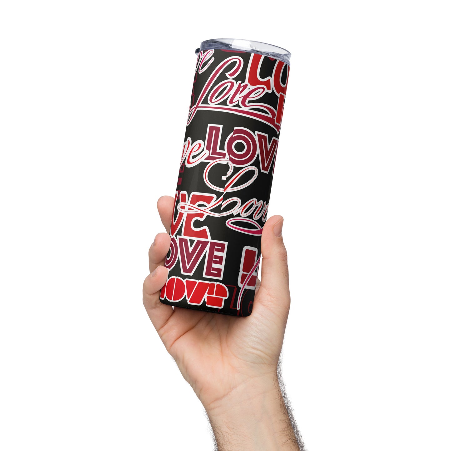 LuckeLadybug stainless steel love design tumbler held in hand with black and red love-themed typography