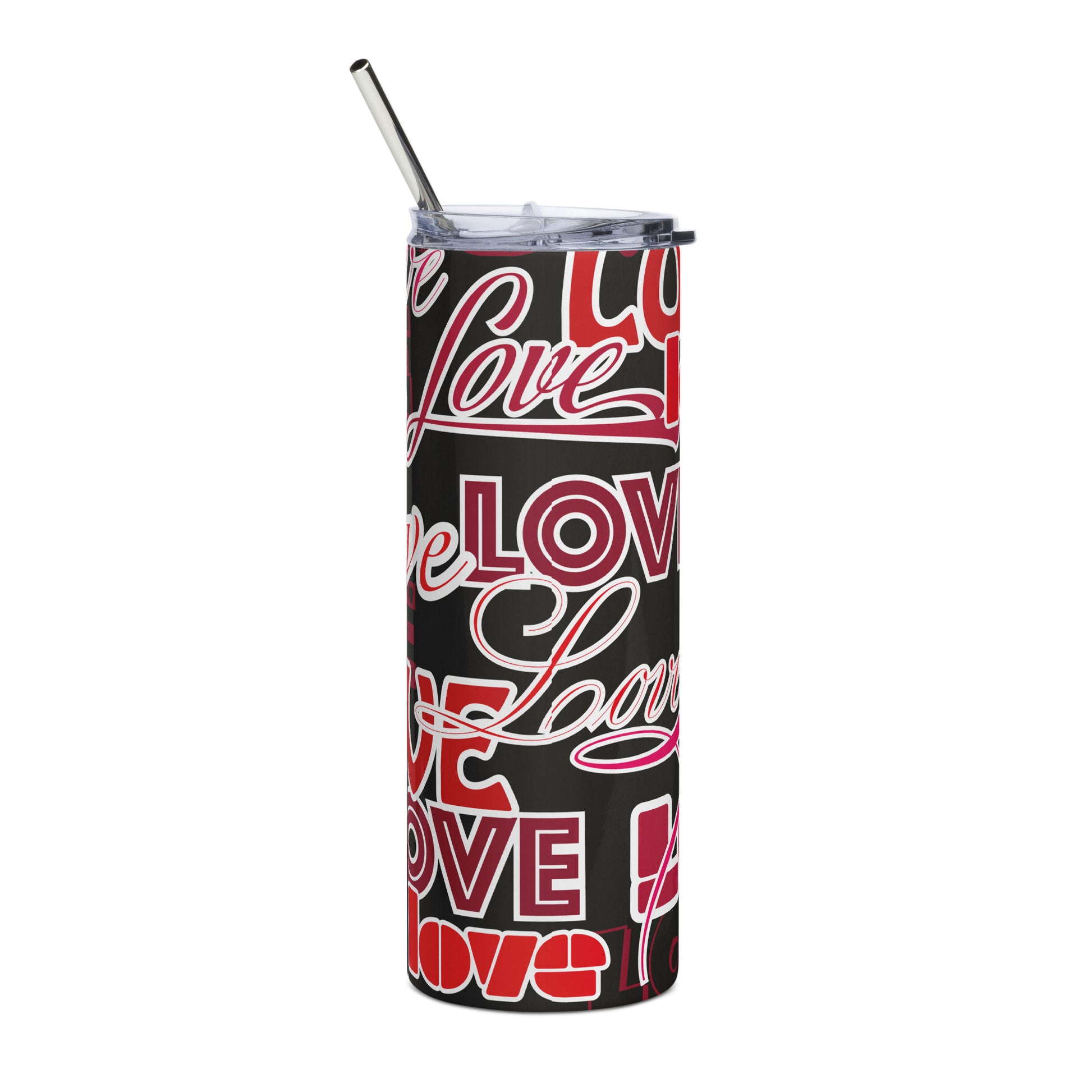 LuckeLadybug stainless steel love design tumbler with black red and white typography and metal straw