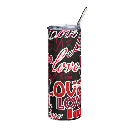 LuckeLadybug stainless steel love design tumbler with black background and red white lettering with metal straw