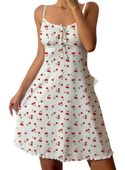 LuckeLadybug LLC Love heart halterneck nightdress with cherry print and a flattering fit