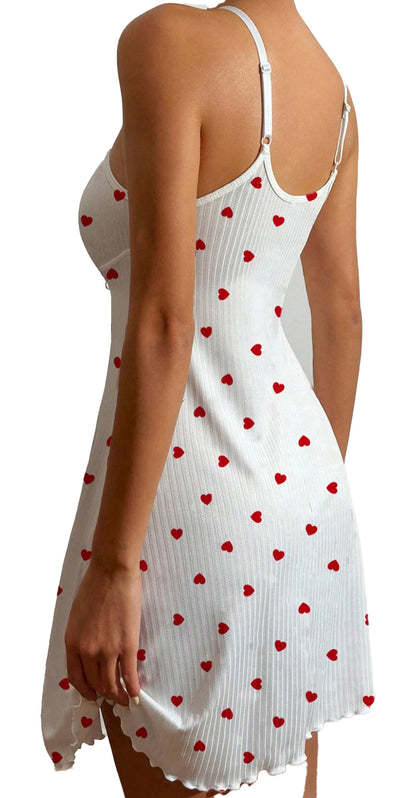 White love heart halterneck nightdress with red heart patterns for a romantic evening look