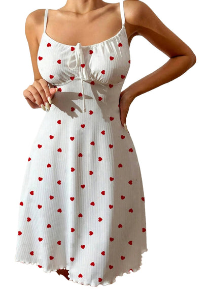 LuckeLadybug LLC love heart halterneck nightdress with a cute pattern of red hearts on a white background