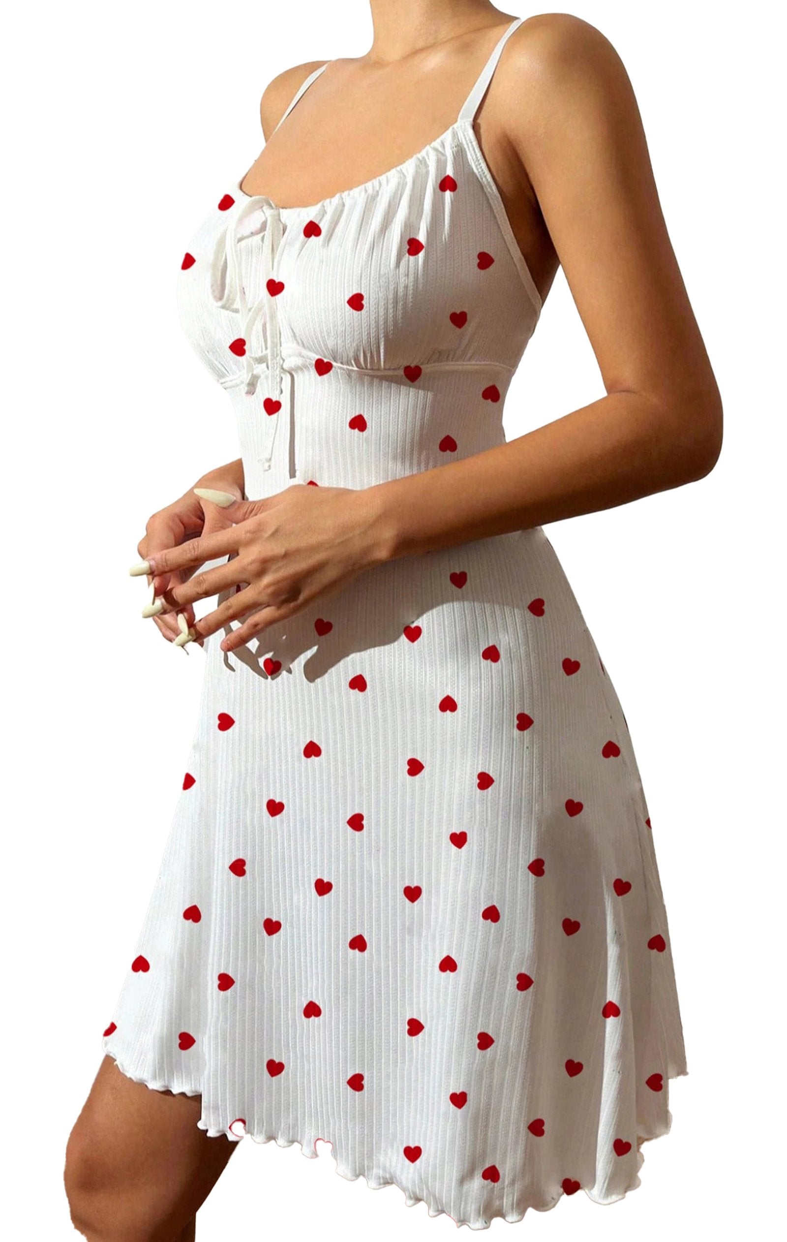 Love heart halterneck nightdress by LuckeLadybug LLC with a playful heart print on a white background