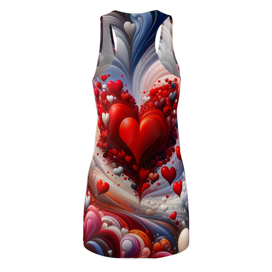 LuckeLadybug love-inspired racerback dress with vibrant red heart design and colorful abstract patterns