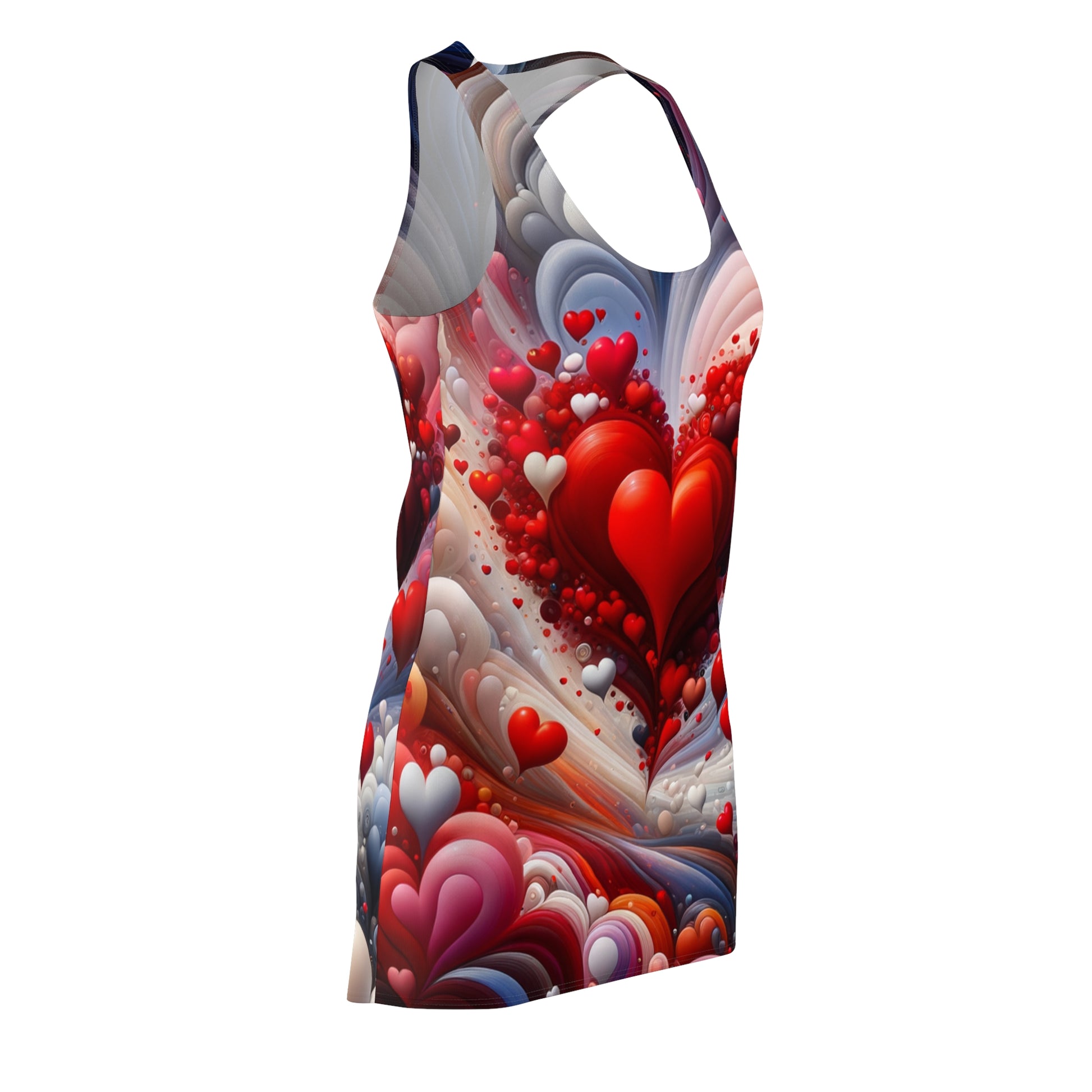 LuckeLadybug love-inspired racerback dress with vibrant heart design in red and pink tones