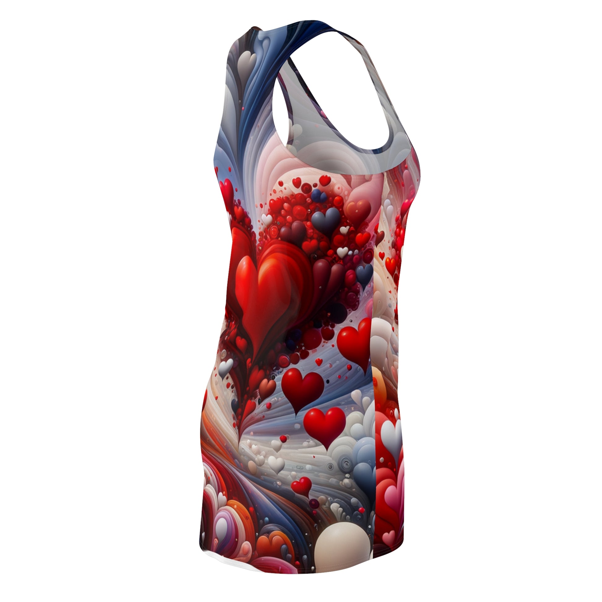 LuckeLadybug love-inspired racerback dress with vibrant heart pattern in red and blue tones