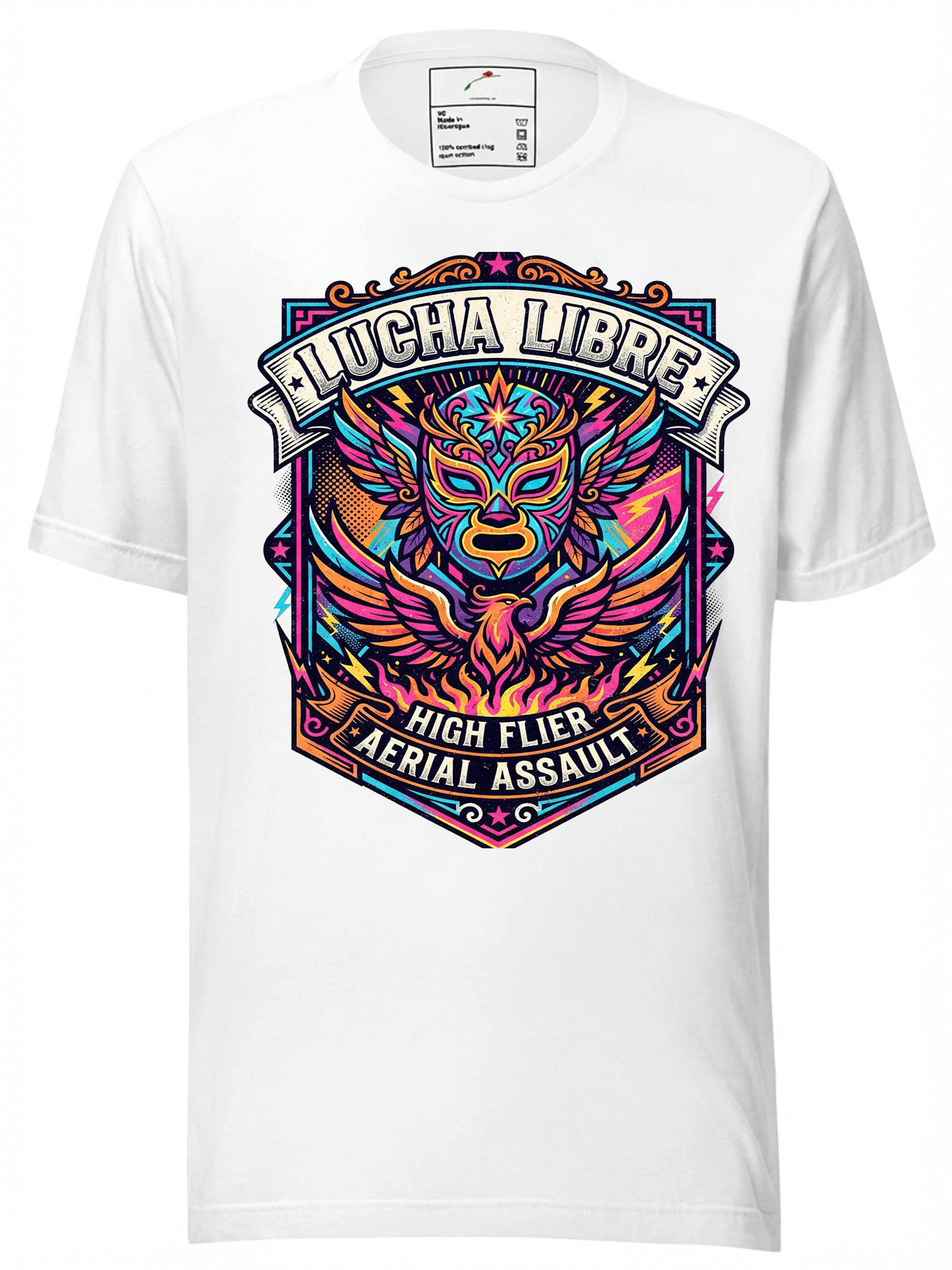 LuckeLadybug Lucha Libre Graphic Tee Clothing with Colorful High Flier Design
