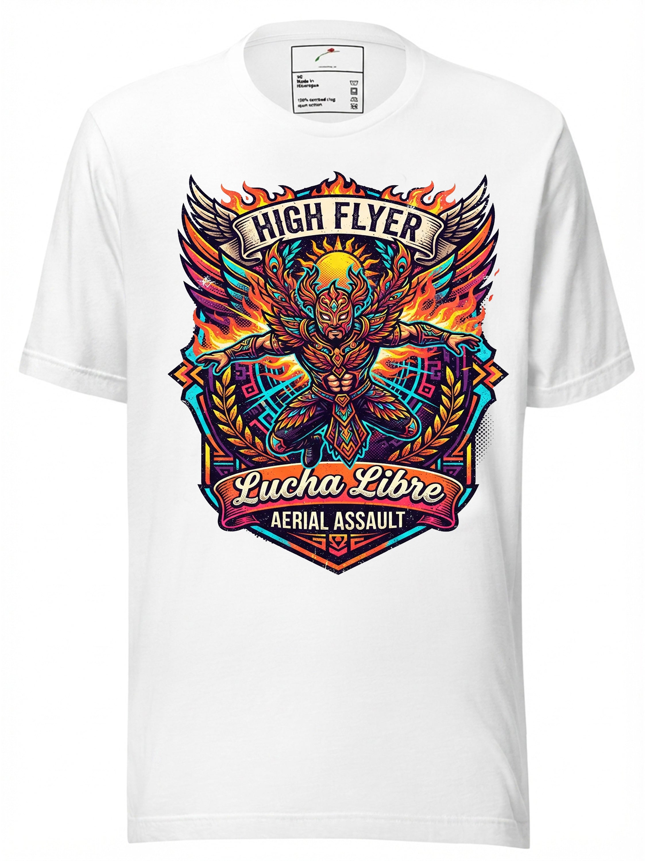 LuckeLadybug LLC High Flyer Lucha Libre Aerial Assault graphic tees t shirt in white with vibrant design