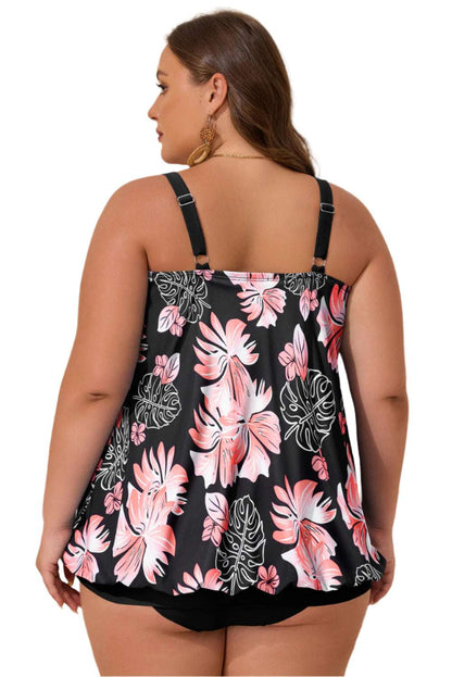 LuckeLadybug 2 piece plus size swimwear tankini with pink floral print and adjustable black straps