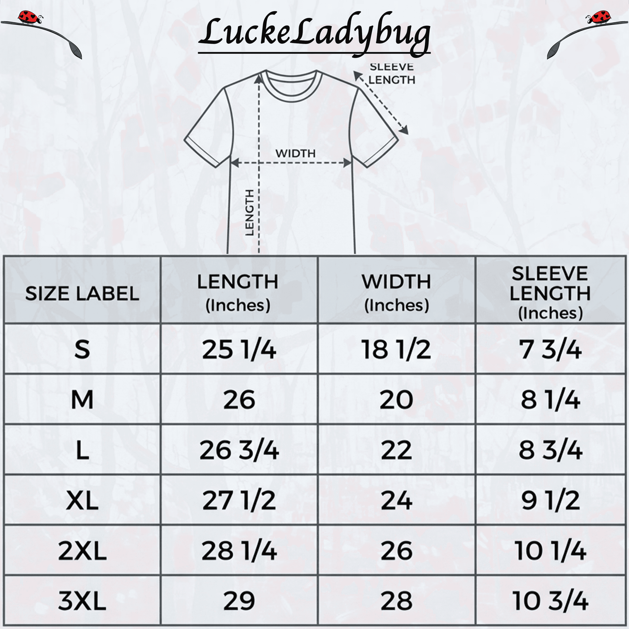 LuckeLadybug LLC T-Shirt size chart for a wall street journal themed design with dimensions