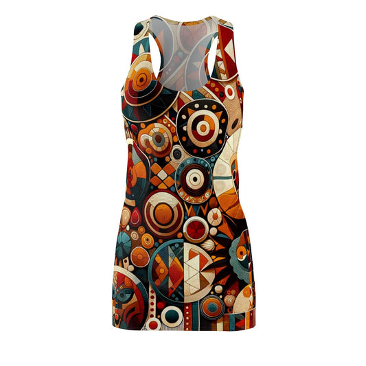 LuckeLadybug racerback dress featuring a vibrant abstract african style dress pattern with circular geometric shapes