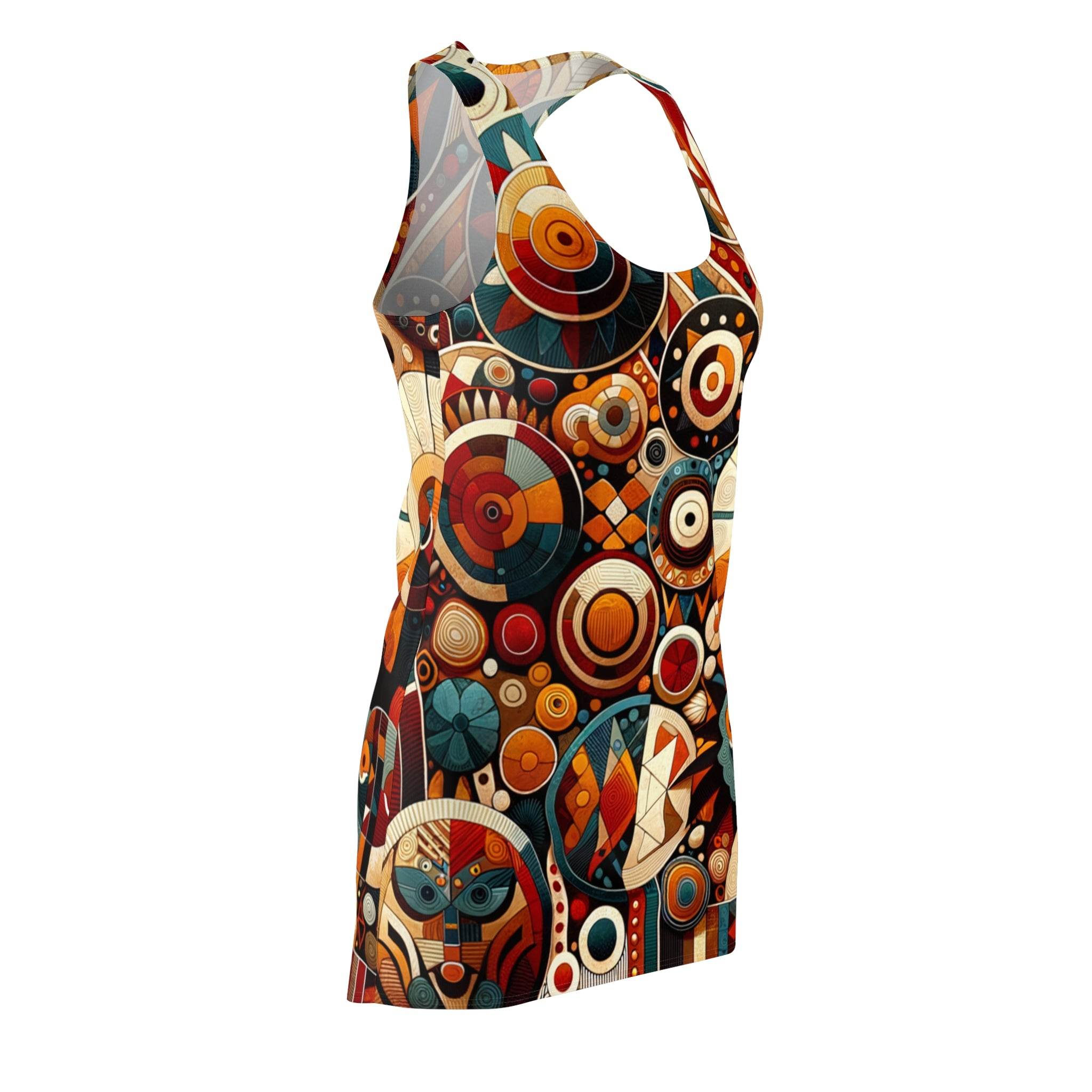 LuckeLadybug racerback dress featuring an abstract african style dress pattern with vibrant geometric shapes