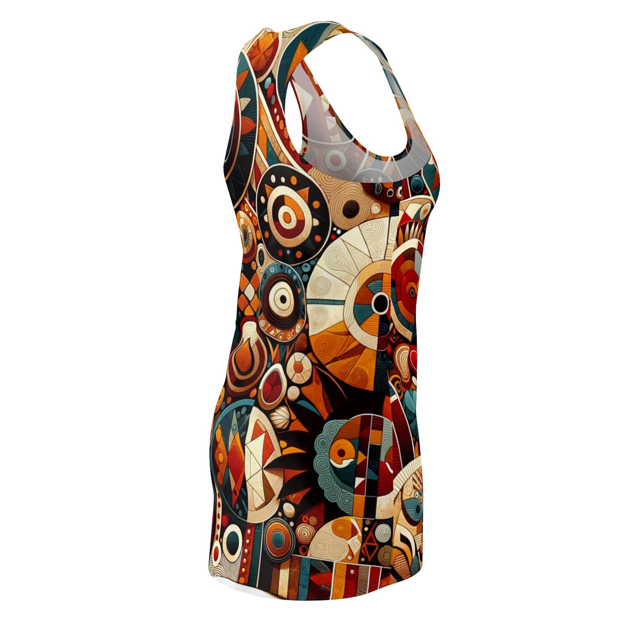 LuckeLadybug racerback dress featuring vibrant abstract african style dress pattern with geometric shapes