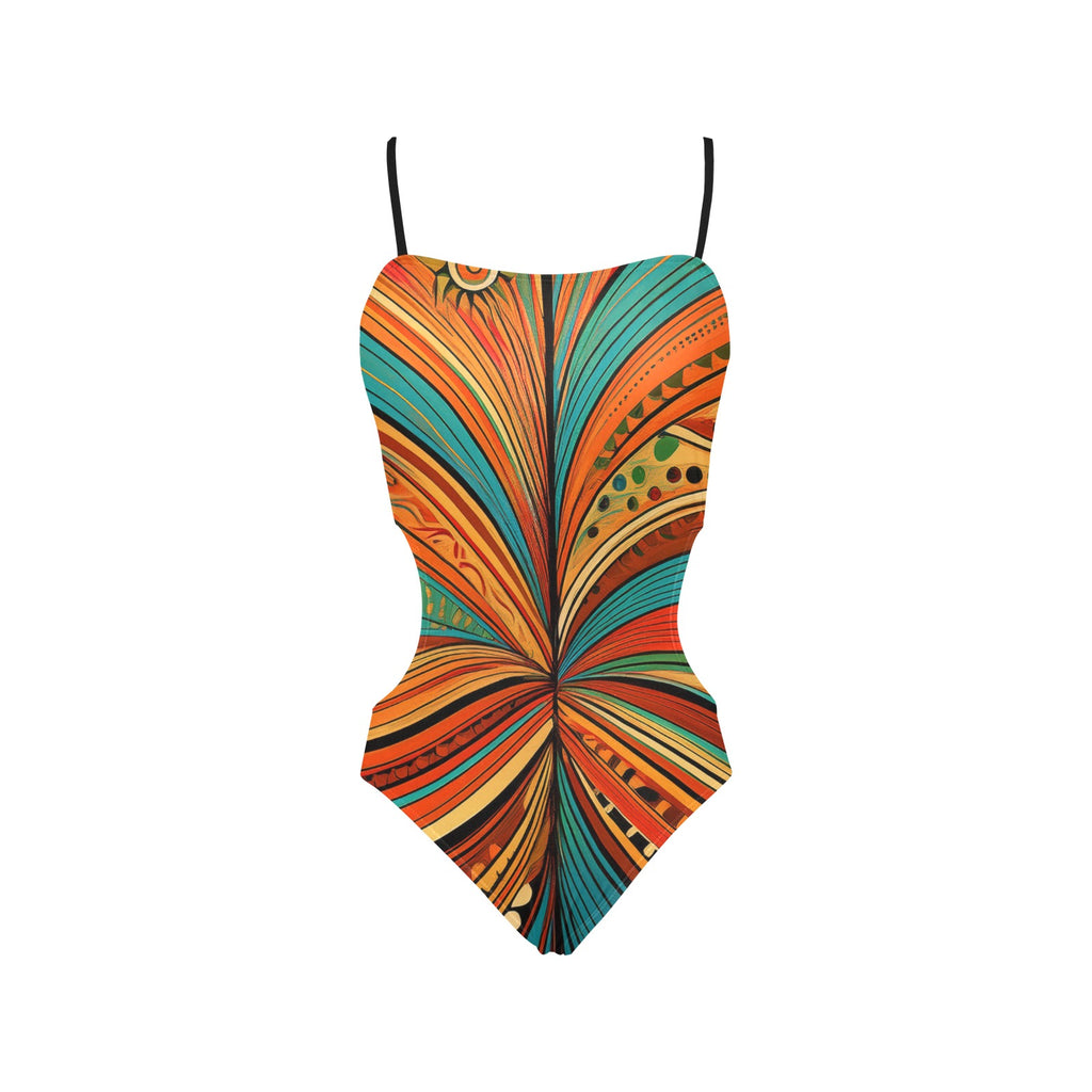  abstract print one-piece swimsuit with vibrant multicolor design and thin black straps
