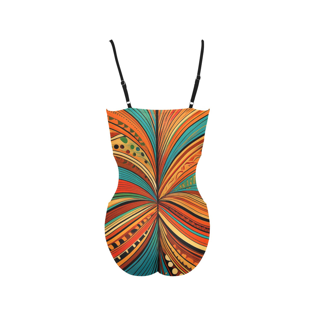 abstract print one-piece swimsuit with colorful orange teal and brown swirl design and adjustable black straps