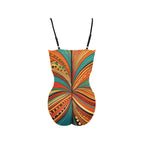 abstract print one-piece swimsuit with colorful orange teal and brown swirl design and adjustable black straps