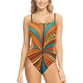  abstract print one-piece swimsuit with vibrant orange teal and yellow swirled design and thin black straps