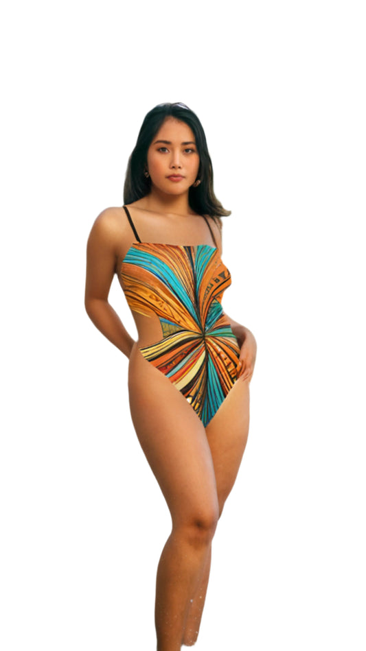  abstract print one-piece swimsuit with colorful swirl design and thin straps