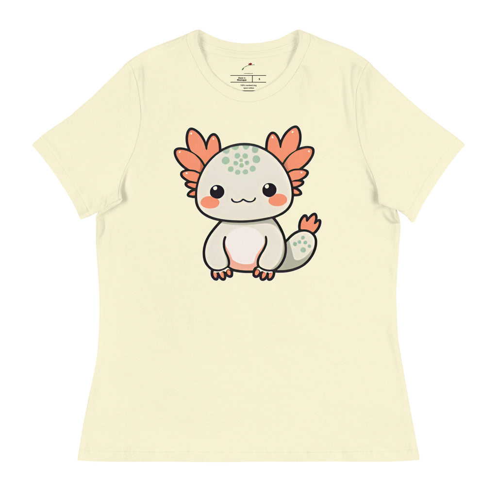 Printful t-shirt featuring an adorable axolotl design shirt with cute cartoon axolotl on cream fabric