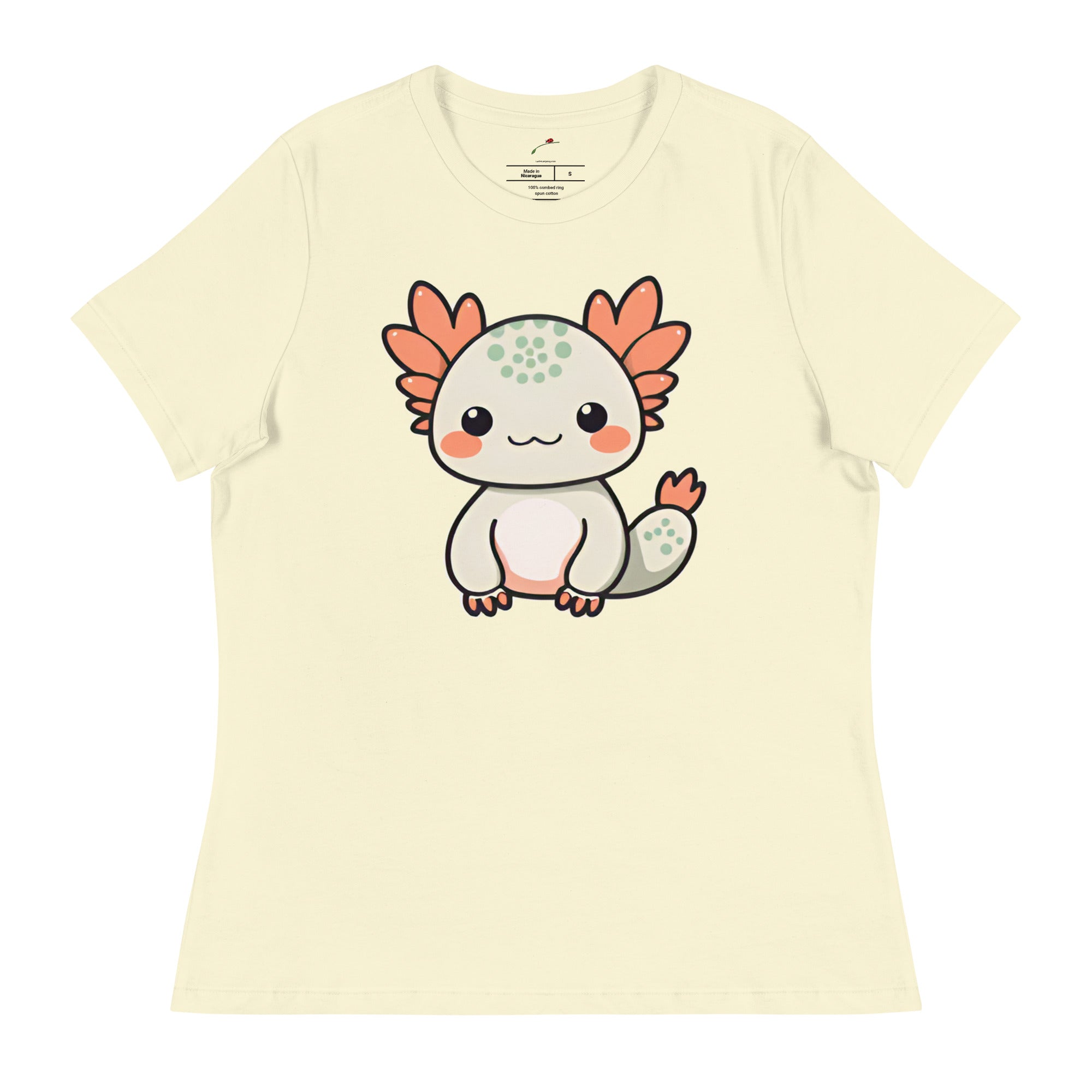 Printful t-shirt featuring an adorable axolotl design shirt with cute cartoon axolotl on cream fabric