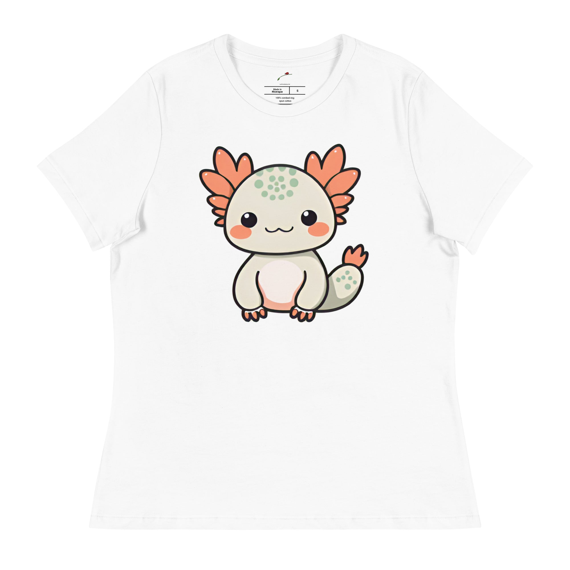 Printful white t-shirt featuring an adorable axolotl design shirt with cute cartoon axolotl graphic