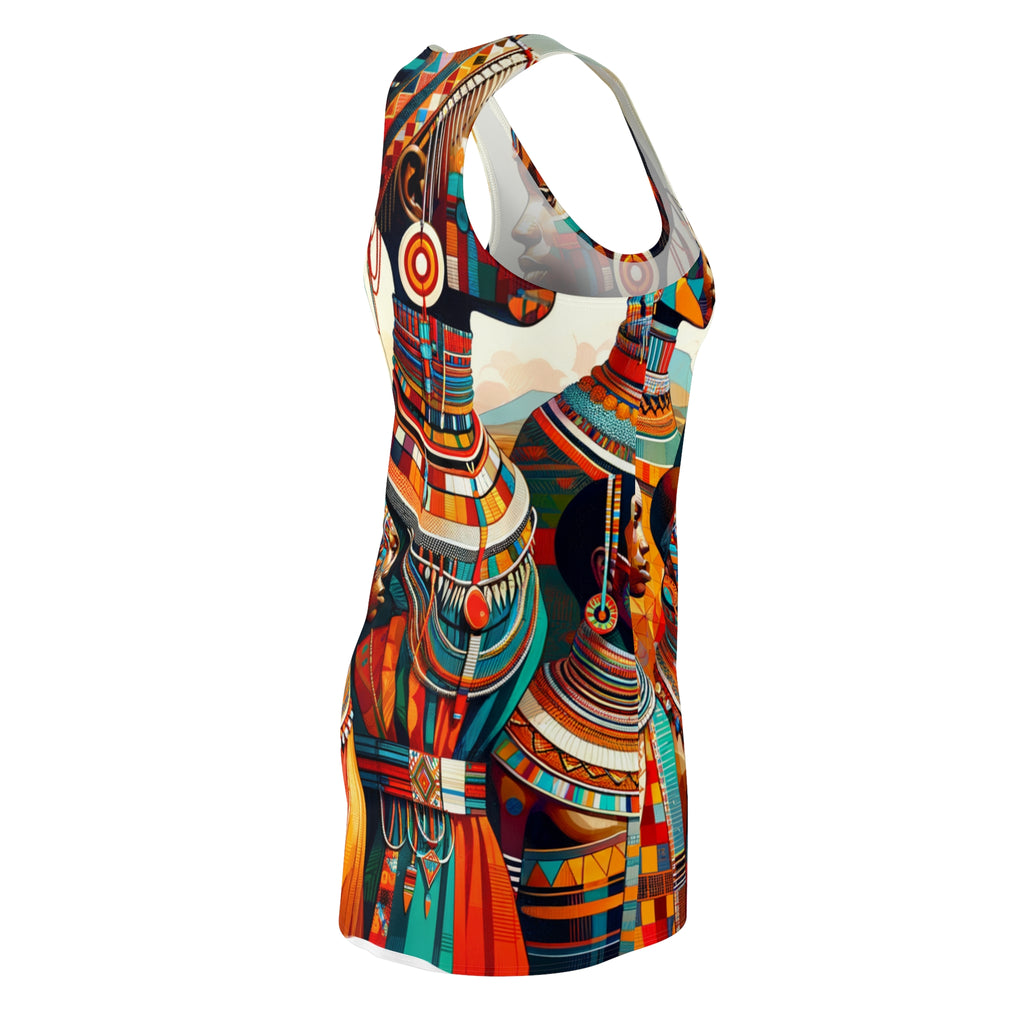 racerback dress featuring vibrant African abstract print dress design in bold colors