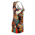 racerback dress featuring vibrant African abstract print dress design in bold colors