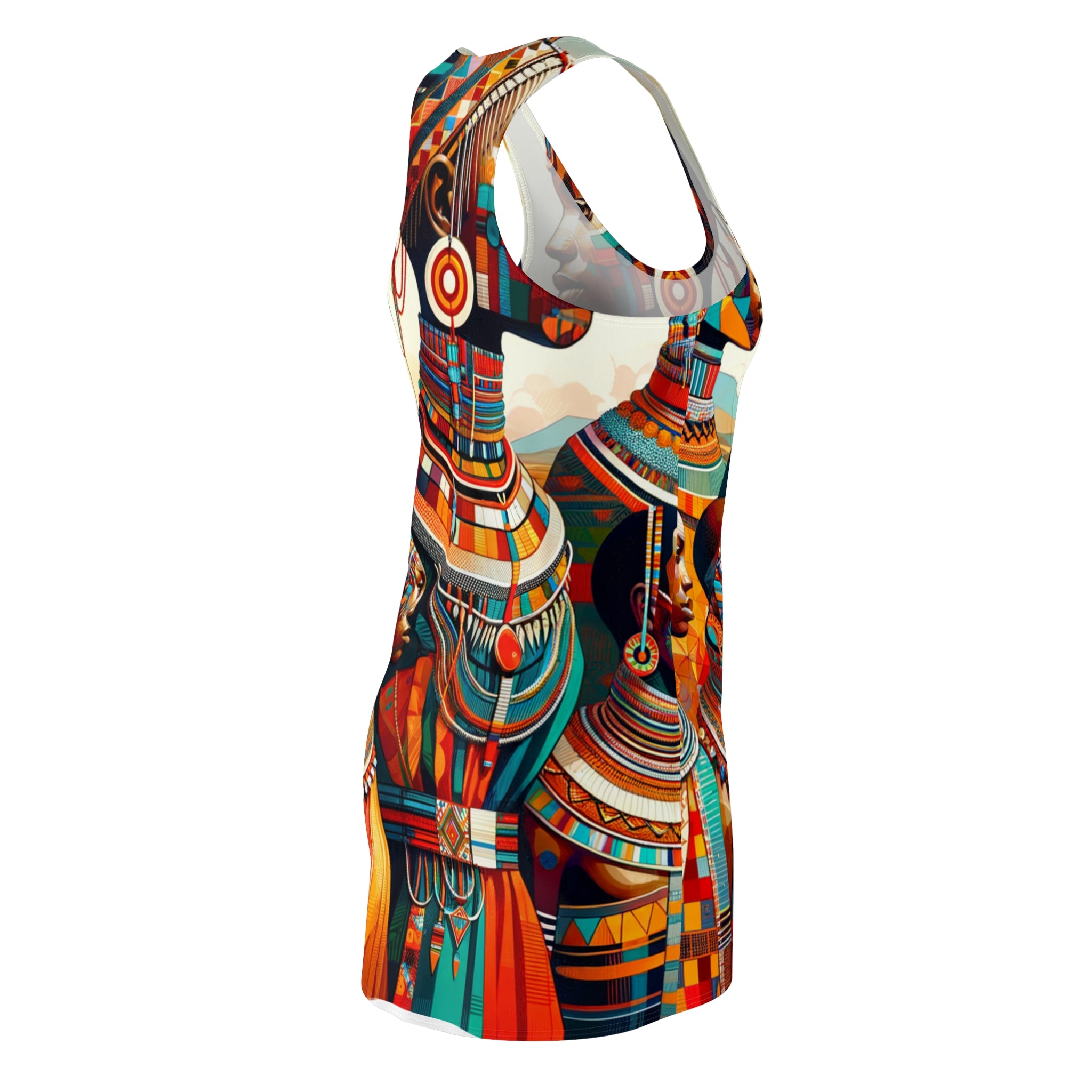 racerback dress featuring vibrant African abstract print dress design in bold colors