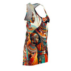 racerback dress featuring a vibrant African abstract print dress design with colorful tribal patterns