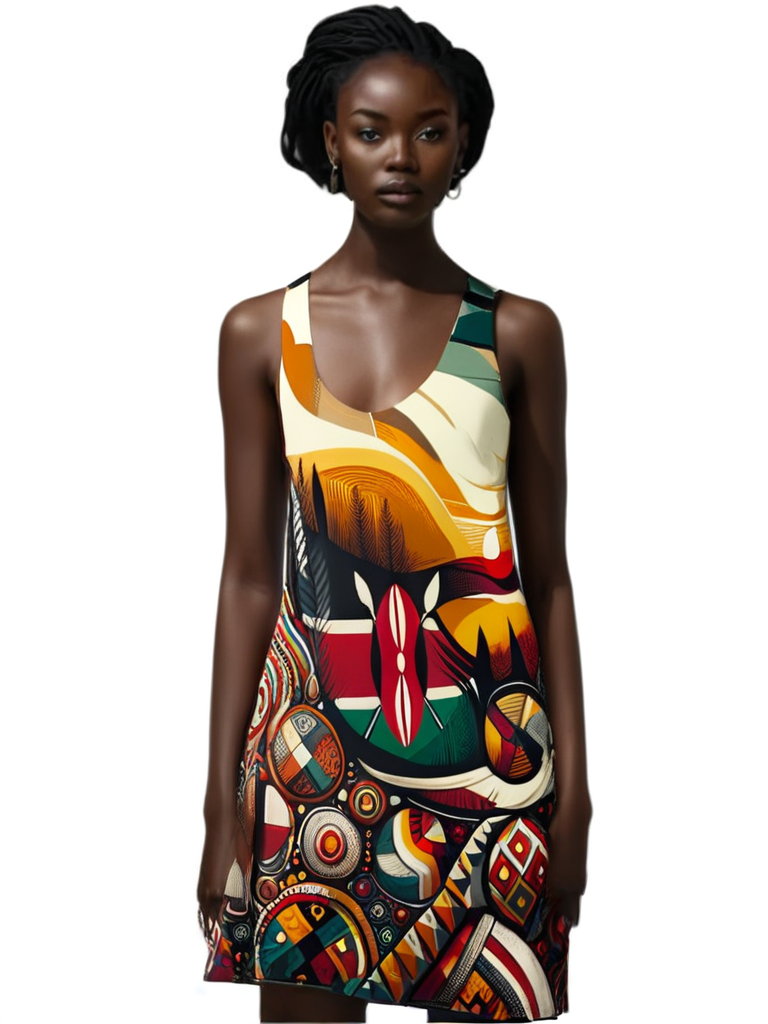 luckeladybug racerback African abstract print dress with vibrant multicolor geometric patterns