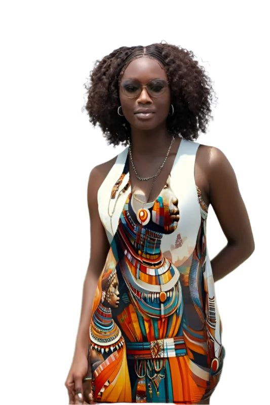 racerback dress featuring vibrant African abstract print dress with colorful tribal patterns