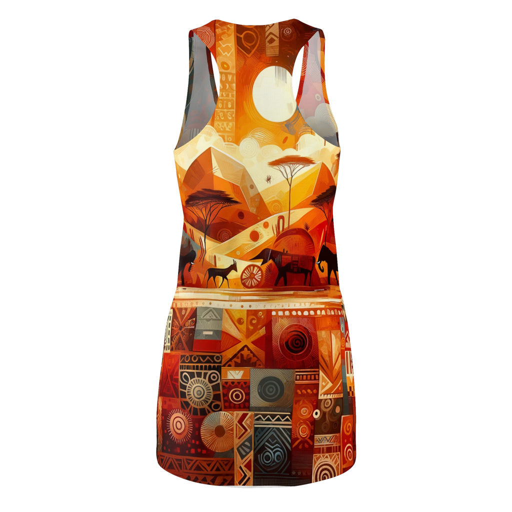 African abstract racerback dress with vibrant orange and brown geometric and nature-inspired patterns
