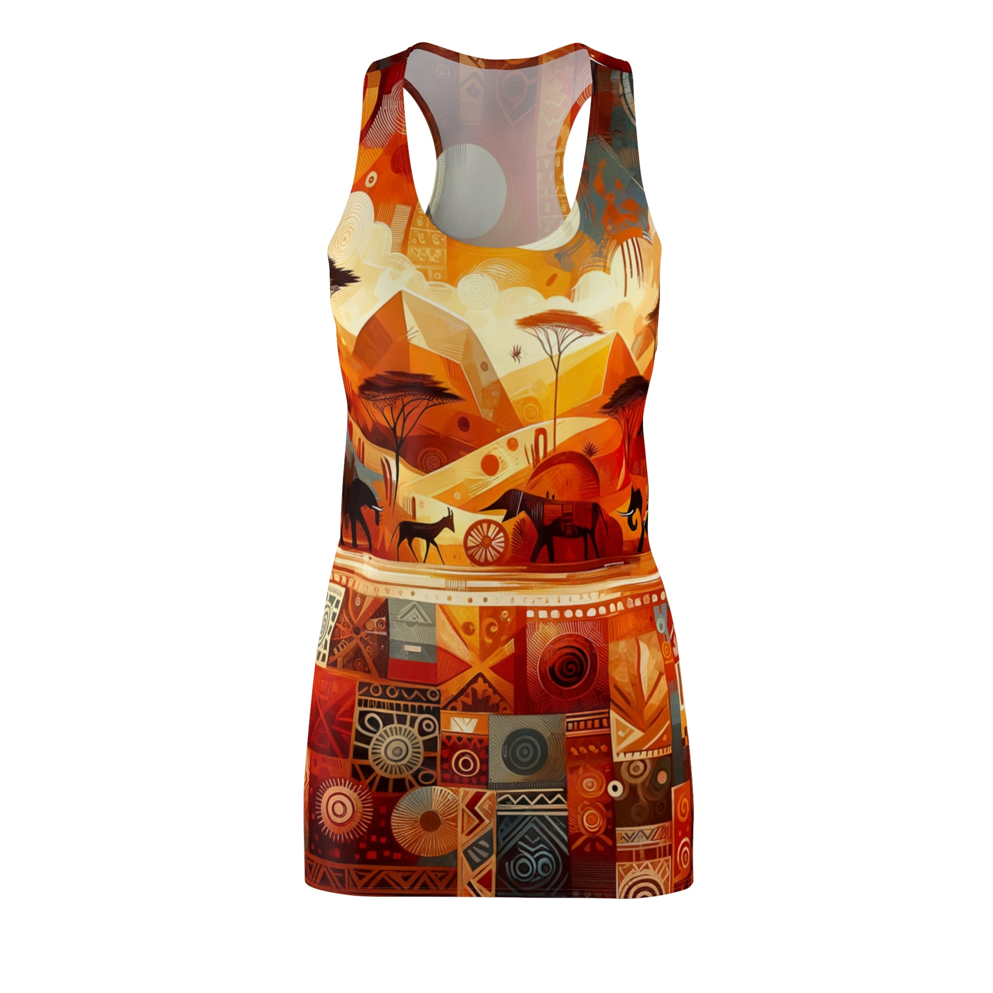  African abstract racerback dress with vibrant orange and brown geometric and nature-inspired patterns