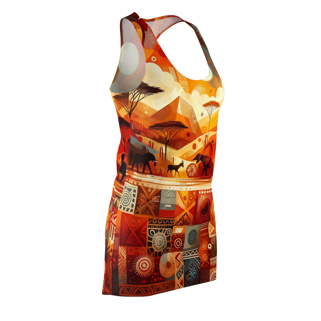 African abstract racerback dress with vibrant orange and red tribal patterns and wildlife design