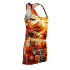 African abstract racerback dress with vibrant orange and red tribal patterns and wildlife design