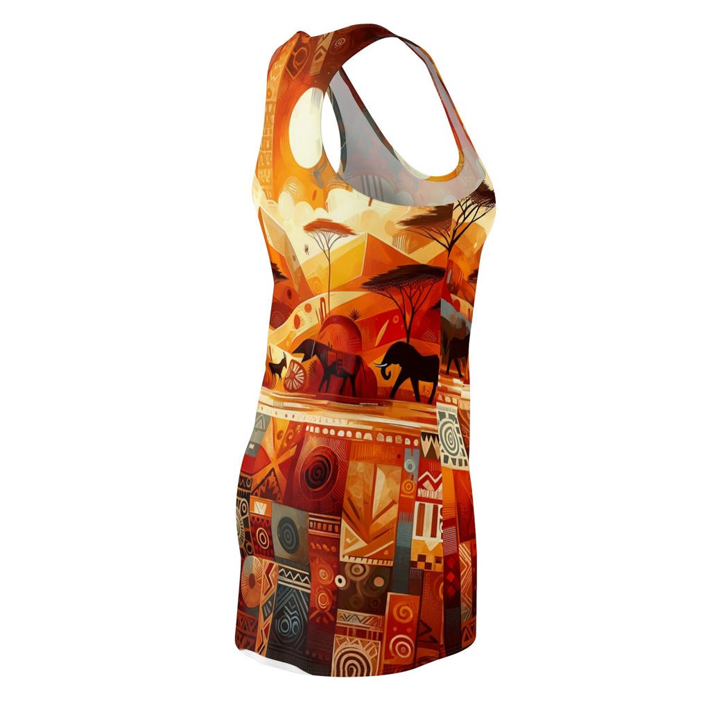 African abstract racerback dress featuring vibrant orange and brown tribal patterns with elephants and trees